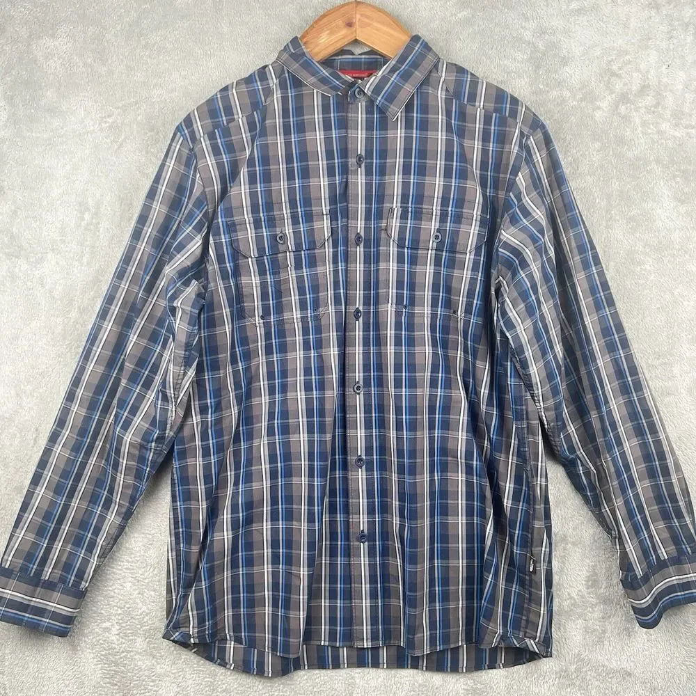 The North Face Button Up Camp Shirt Mens L Blue‎ Gray Plaid Outdoors Casual